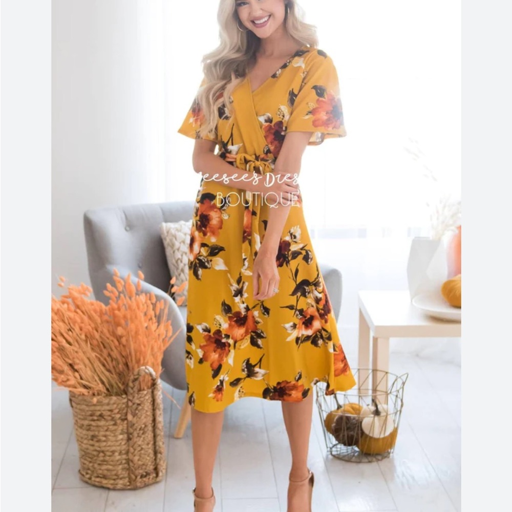 Mustard Floral Yellow Midi Dress, L